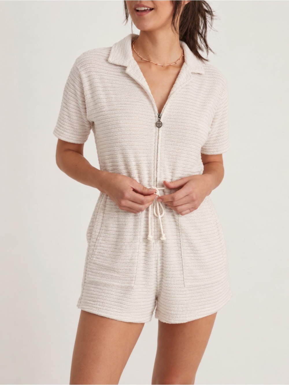 Marine Layer Cream Textured Zip-Front Romper